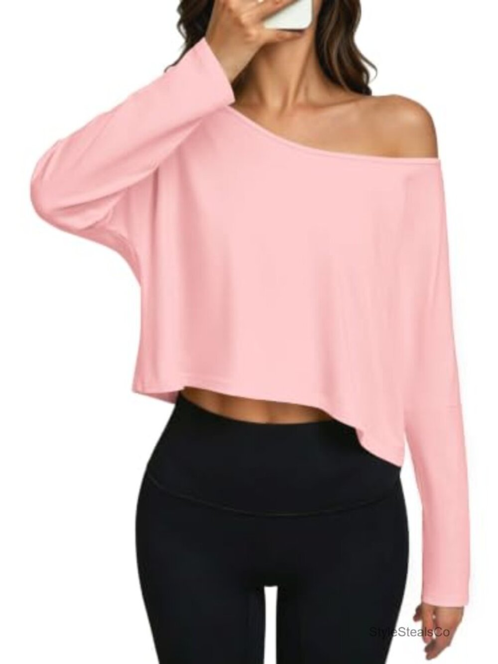 Cotton Spandex Off Shoulder Crop Top Long Sleeve Tee